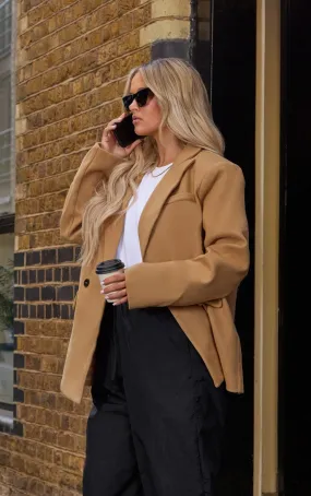 Blazer camel à effet laine et double boutonnière